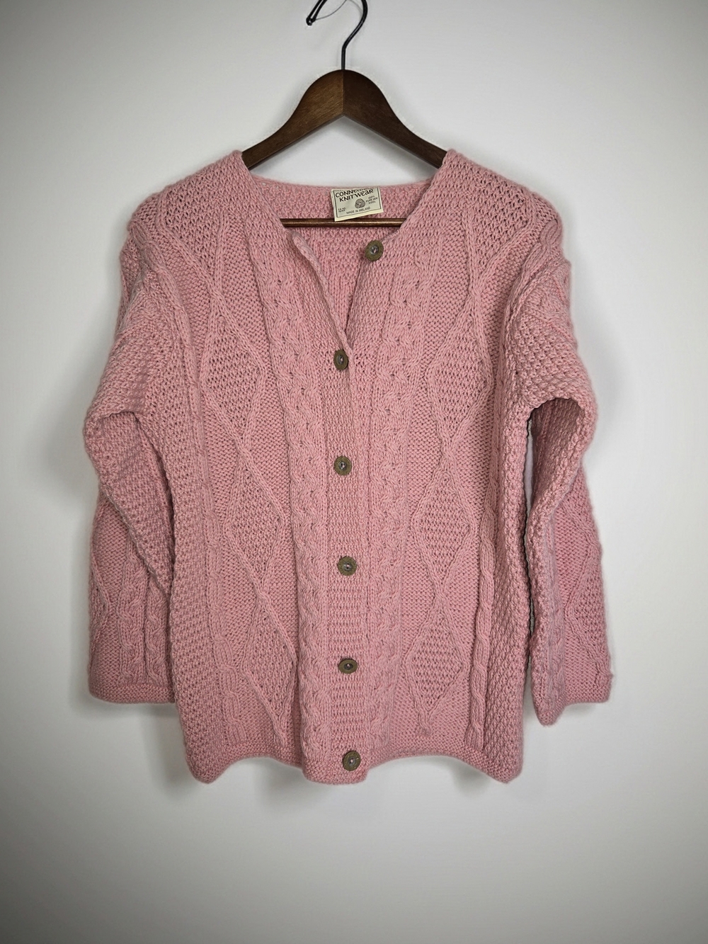 Connemara Knitwear Pink Cable Knit 100% New Wool Cardigan Sweater From Ireland-S